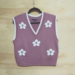 V Neck Sweater Vest Floral Pattern Knit